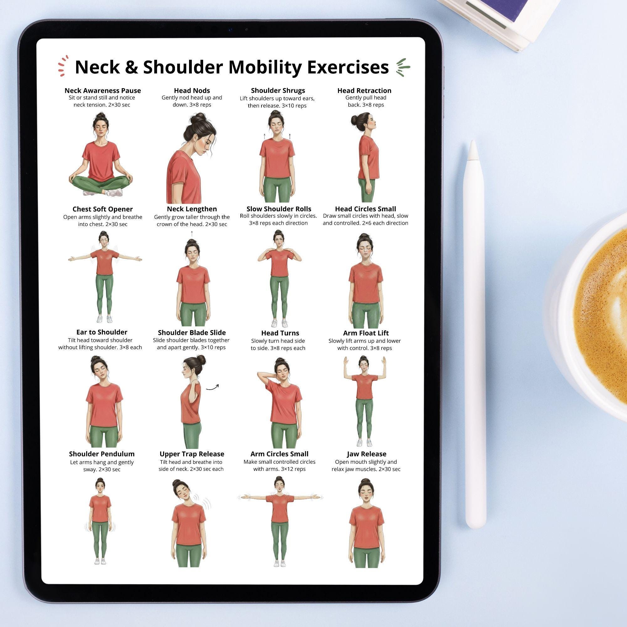 Neck and Shoulder Exercises, Mobility Exercises Poster PDF, Seated and ...