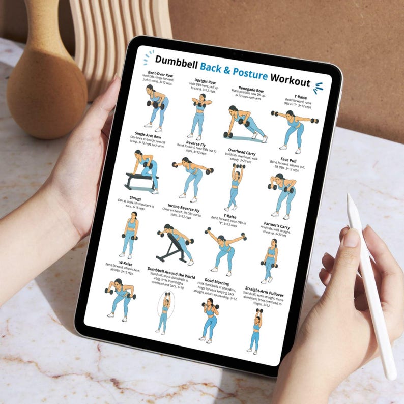 May include: A tablet displaying a "Dumbbell Back & Posture Workout" guide. The guide features illustrated exercises with dumbbells, including Bent-Over Row, Upright Row, and Renegade Row. The tablet is held by a person, with a stylus visible.