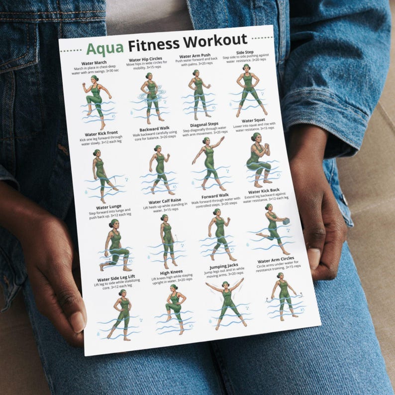 Water Yoga Routine Printable Aqua Fitness Workout Printable, Water Aerobics Exercises, Pool Workout ...