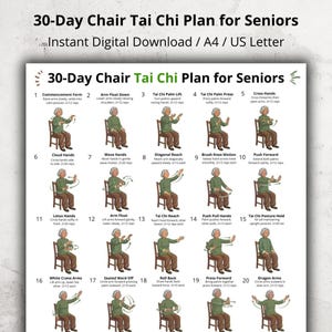 Può includere: Un piano Tai Chi su sedia di 30 giorni per anziani, download digitale. Il piano include istruzioni illustrate per 20 diversi esercizi di Tai Chi, come Commencement Form, Arm Float Down e Cross Hands. Il testo è in verde e nero.