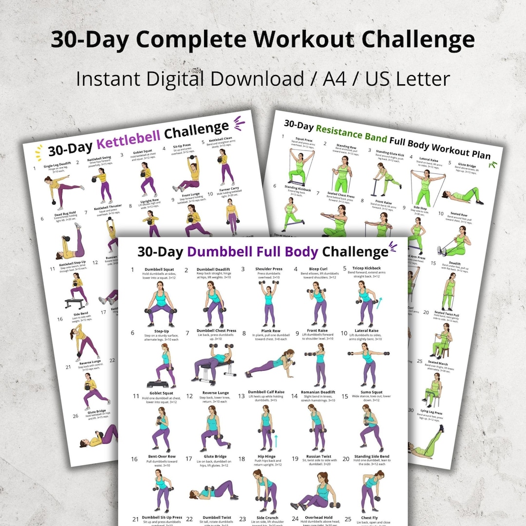 30 Day Workout Challenge Printable PDF, Full Body Exercise Plan Bundle ...