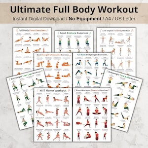 Puede incluir: Un conjunto de guías de entrenamiento imprimibles con varios ejercicios, incluyendo ejercicios de suelo, ejercicios de postura y rutinas HIIT. Las guías están etiquetadas como "Ultimate Full Body Workout" y están diseñadas para uso doméstico, sin necesidad de equipo.