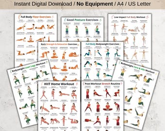 May include: A collection of printable workout guides with various exercises, including floor exercises, posture exercises, and HIIT routines. The guides are labeled "Ultimate Full Body Workout" and are designed for home use, with no equipment needed.