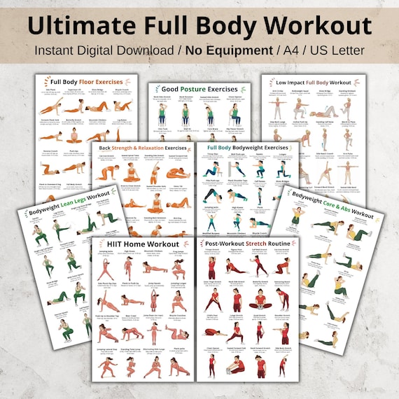 Full Body Workout Set, Upper Body Lower Body Core Exercises Printable, Arms Legs Abs Back Bodyweight No Equipment At Home Workout PDF Charts