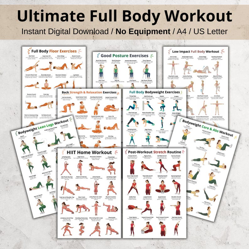 May include: A collection of printable workout guides with various exercises, including floor exercises, posture exercises, and HIIT routines. The guides are labeled "Ultimate Full Body Workout" and are designed for home use, with no equipment needed.