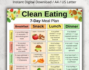 May include: A colorful 7-day clean eating meal plan, digitally downloadable. The plan includes breakfast, snack, lunch, and dinner options with detailed food lists. The title is in large, bold, green letters.