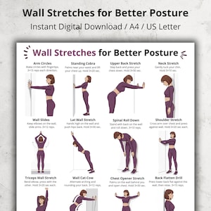 May include: A digital download titled "Wall Stretches for Better Posture" with illustrated exercises. The poster includes diagrams for arm circles, standing cobra, upper back stretch, neck stretch, wall slides, lat wall stretch, spinal roll down, shoulder stretch, triceps wall stretch, wall cat-cow, chest opener stretch, and back flatten drill.