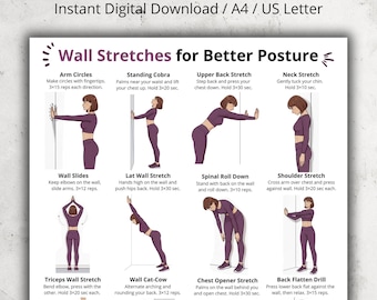 以下が含まれることがあります： 「Wall Stretches for Better Posture」というタイトルのデジタルダウンロードで、イラスト付きのエクササイズが掲載されています。ポスターには、腕回し、立位コブラ、上背部ストレッチ、首ストレッチ、ウォールスライド、ラットウォールストレッチ、脊椎ロールダウン、肩ストレッチ、上腕三頭筋ウォールストレッチ、ウォールキャットカウ、チェストオープナーストレッチ、バックフラットドリルなどの図が含まれています。