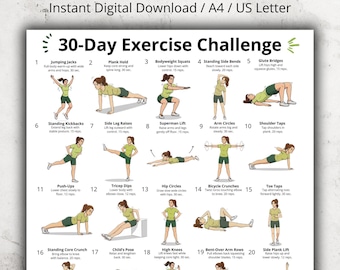 30-Tage-Challenge-Poster, tägliches Übungsblatt zum Ausdrucken, Home Fitness Workout für Frauen und Männer, 30-Tage-Trainingskalender für Senioren