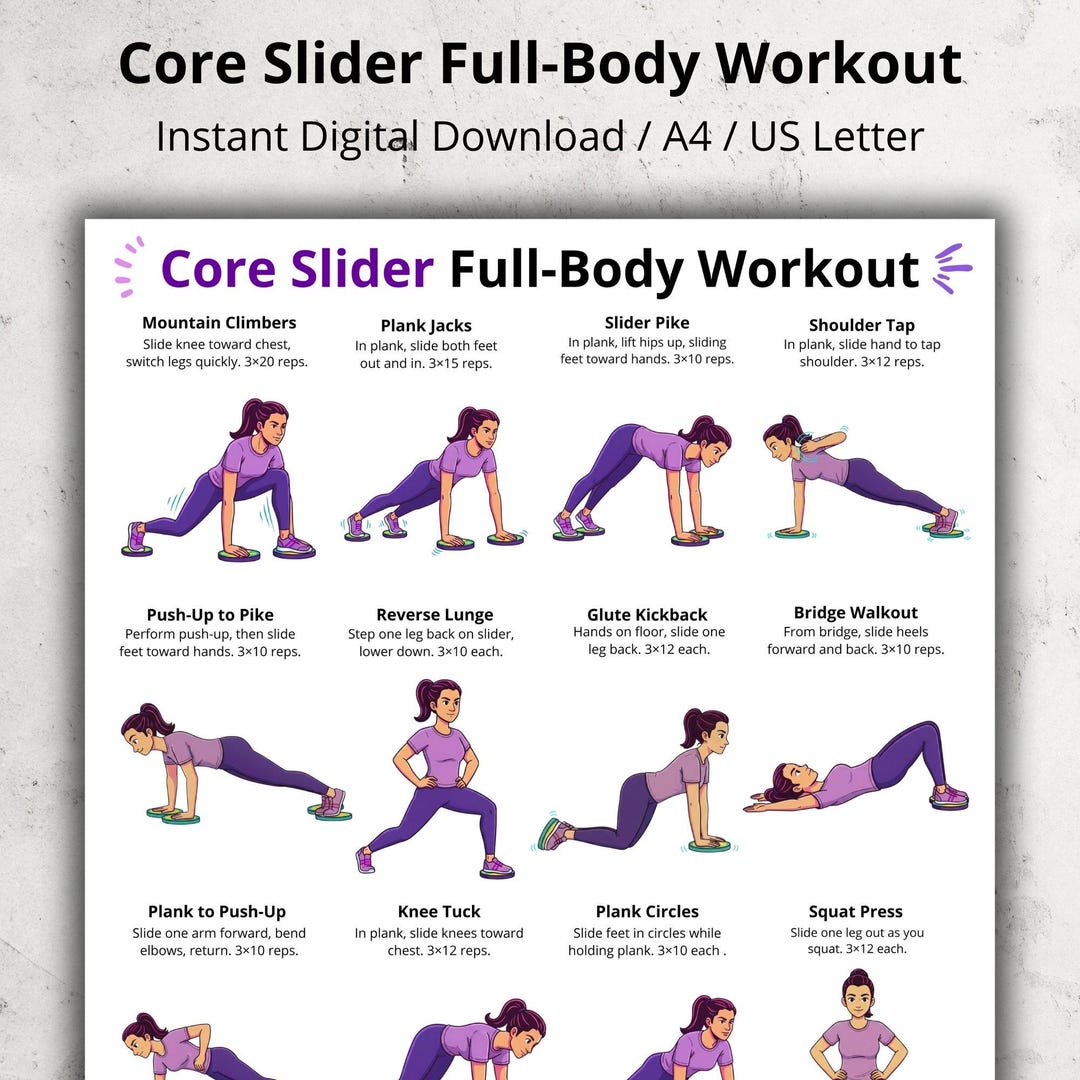 Core Slider Full Body Workout Printable Poster, Exercise Slider Chart ...
