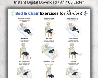 Bed & Chair Exercises for Seniors Printable, Senior Seated Workout Chart, Bed Exercises for Elderly, Low Impact Routine for Older Adults PDF