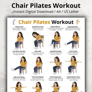 以下が含まれることがあります： 「Chair Pilates Workout」と題されたデジタルダウンロードで、イラスト付きのエクササイズが特徴です。ポスターには、脚の伸展、腕回し、座位でのツイストなど、椅子を使ったさまざまなピラティスの動きを実演する女性が描かれています。自宅でのワークアウト用に設計されたエクササイズです。