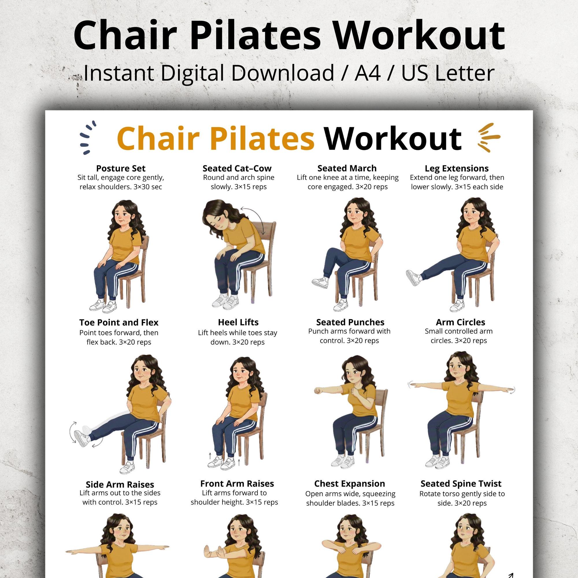 Pilates Chair Class Routine Chair Pilates Workout Printable, Seated Full Body Exercises at Home ...