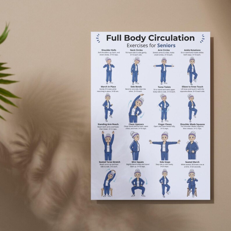 May include: A white poster titled "Full Body Circulation Exercises for Seniors" with illustrations of exercises. The exercises include shoulder rolls, neck circles, arm circles, and ankle rotations. The poster is designed to help seniors improve their health.