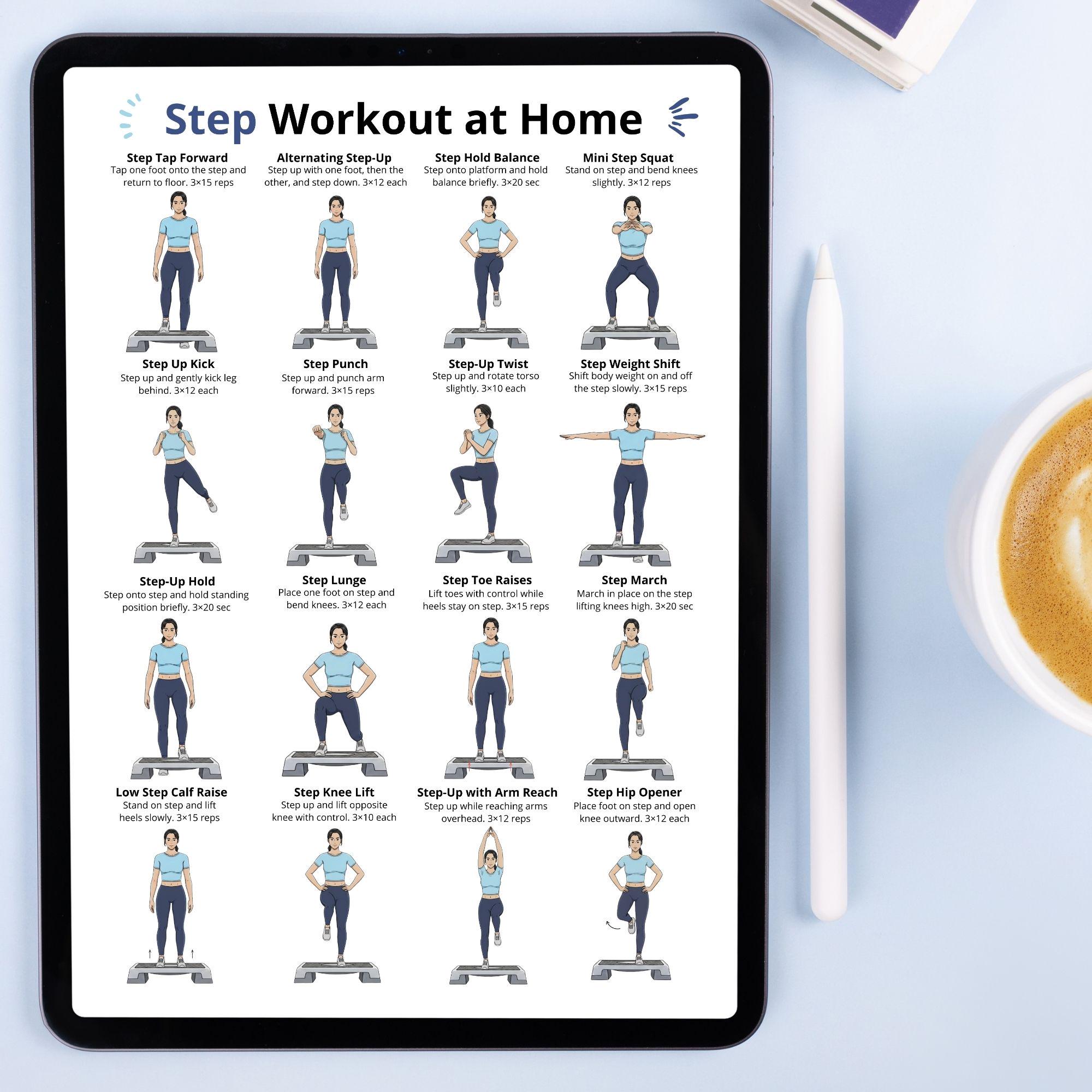Step Workout, Step Exercises at Home, Aerobic Step Exercises Chart ...
