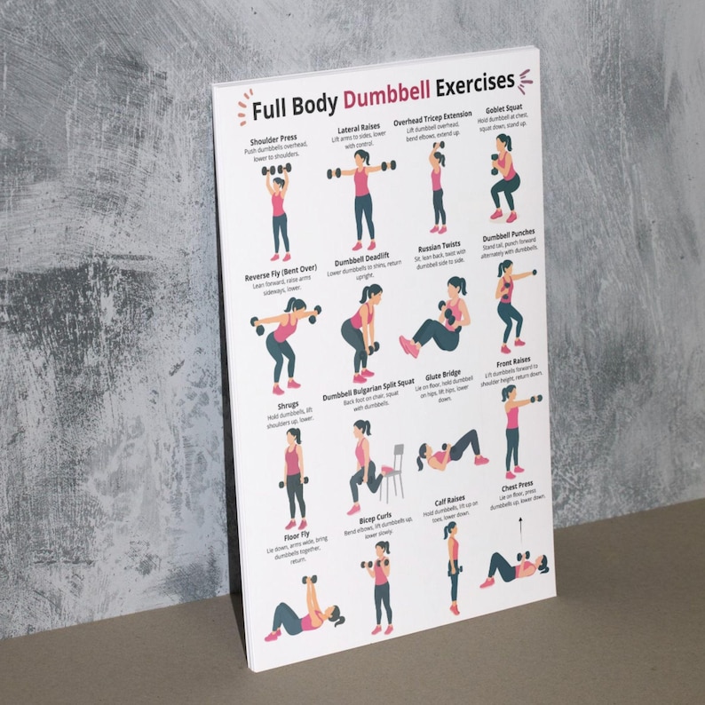 Op de afbeelding: Een witte poster getiteld "Full Body Dumbbell Exercises" met illustraties van verschillende oefeningen. De poster bevat diagrammen van oefeningen zoals schouderdrukken, zijwaartse verhogingen en goblet squats, met tekstbeschrijvingen.