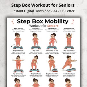 Puede incluir: Descarga digital titulada "Step Box Workout for Seniors" con ejercicios ilustrados. Los ejercicios incluyen step-ups, elevación de rodillas, círculos de brazos y estiramientos. Disponible en formatos A4 y US Letter.
