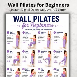 May include: A digital instructional poster titled Wall Pilates for Beginners featuring twelve numbered exercise illustrations. Each section displays a person in pink and purple athletic wear performing movements against a wall with text instructions.