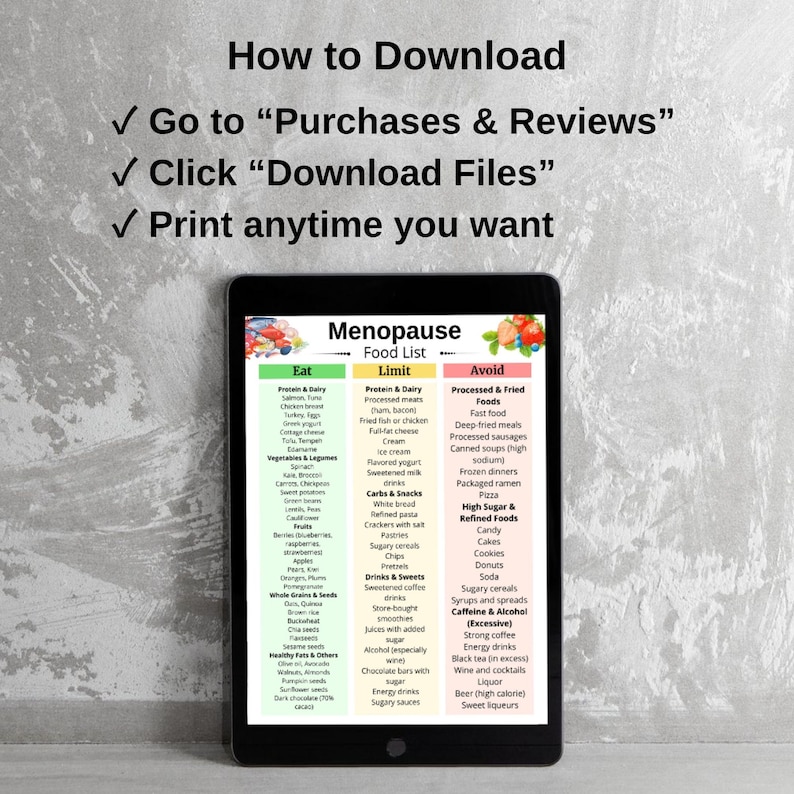 May include: A digital tablet displays a "Menopause Food List" with "Eat," "Limit," and "Avoid" categories. The screen shows food recommendations. Above, instructions read: "How to Download," "Go to 'Purchases & Reviews,'" and "Click 'Download Files.'"