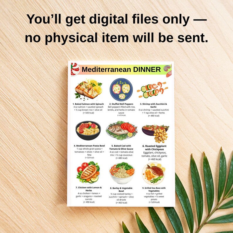 May include: A colorful Mediterranean Dinner menu with nine illustrated dishes, including baked salmon, stuffed bell peppers, and shrimp with zucchini. The text at the top states, "You'll get digital files only &mdash; no physical item will be sent."