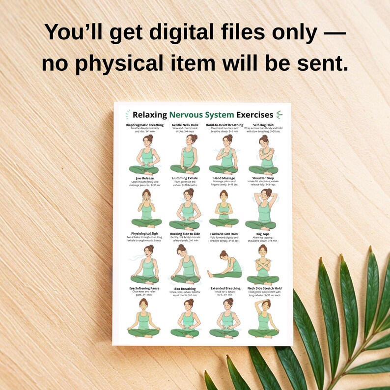 May include: A white poster with the text "Relaxing Nervous System Exercises" and illustrations of yoga poses. The poster includes instructions for various exercises. The text "You'll get digital files only - no physical item will be sent" is at the top.