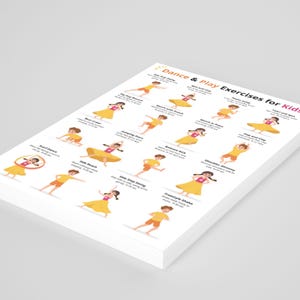 May include: A stack of white paper sheets with the title "Dance & Play Exercises for Kids". The illustrations show children performing various dance moves, including the "Side Step Swing" and "Freestyle Shake". The children are wearing yellow and orange outfits.