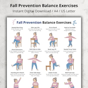 Balance & Stability Exercises Printable, Standing and Seated Chair Workout Chart for Seniors PDF, Gentle Home Exercise Poster Senior Fitness