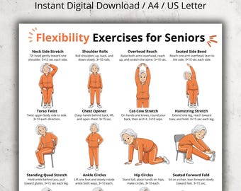 May include: A digital print titled "Flexibility Exercises for Seniors" with illustrations of various stretches. The exercises include shoulder rolls, overhead reach, and seated side bends. The print is available as an instant digital download in A4 and US Letter sizes.