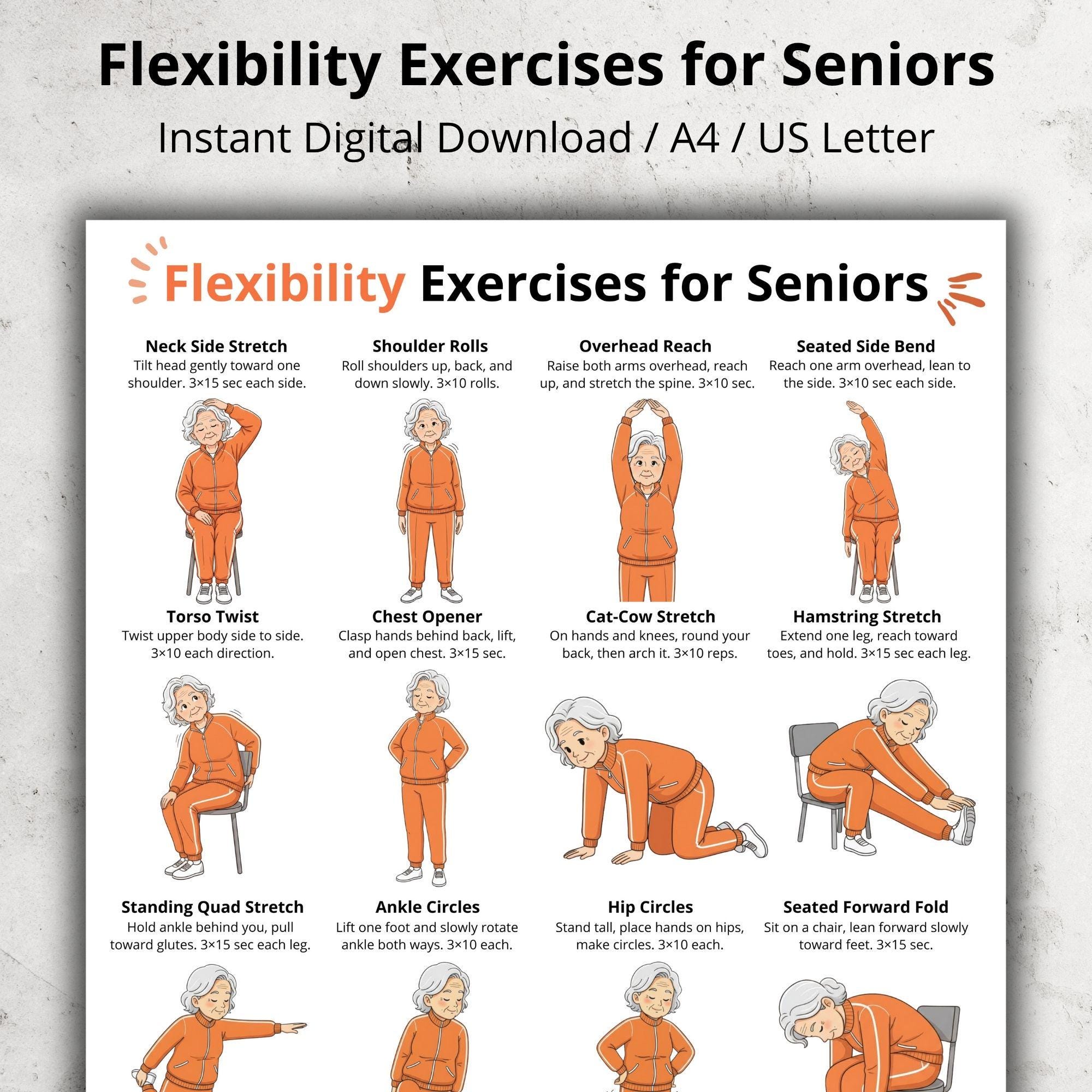 Flexibility Exercises for Seniors Printable | Gentle Stretching Chart ...