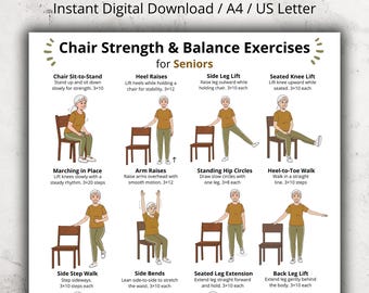 Chair Exercises for Seniors Poster, Seated Exercise Chart Printable for Older Adults, Elderly Gentle Low Impact Chair Workout PDF Wall Art