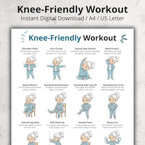 Knee-Friendly Workout for Seniors Printable | Low Impact Chair & Standing Exercises Chart | Joint Friendly Home Exercises for Older Adults
