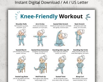 Knee-Friendly Workout for Seniors Printable | Low Impact Chair & Standing Exercises Chart | Joint Friendly Home Exercises for Older Adults