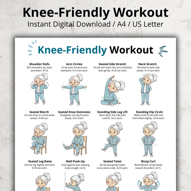K&ouml;nnte beinhalten: Ein digitaler Download mit dem Titel "Knee-Friendly Workout" mit illustrierten &Uuml;bungen. Die &Uuml;bungen umfassen Schulterrollen, Armkreisen, seitliche Dehnungen im Sitzen und Nackendehnungen. Die Illustrationen zeigen eine Person, die jede &Uuml;bung ausf&uuml;hrt. Das Dokument hat das Format A4/US Letter.
