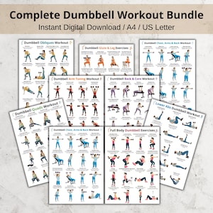 May include: A collection of printable workout guides for dumbbell exercises. The bundle includes guides for obliques, glutes, legs, arms, quads, back, core, chest, and full-body workouts. Each guide features illustrated exercises.