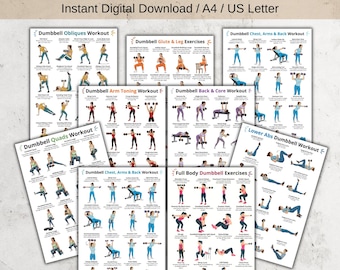 Paquete imprimible de entrenamiento de cuerpo completo con mancuernas, rutina de ejercicios en casa para brazos, piernas, glúteos, espalda, pecho y abdomen en PDF, 9 pósteres de fitness para hombres y mujeres