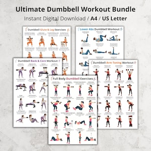 以下が含まれることがあります： ダンベルエクササイズが掲載された、印刷可能なワークアウトガイドのバンドル。ガイドには、お尻と脚、下腹部、背中と体幹、全身、腕の引き締めのための指示が含まれています。上部のテキストは「Ultimate Dumbbell Workout Bundle」と書かれています。