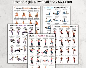 Conjunto de ejercicios con mancuernas, ejercicios con mancuernas en casa, tablas de ejercicios de cuerpo completo con mancuernas, pósteres imprimibles para pared con mancuernas para brazos, piernas, glúteos, espalda y torso.