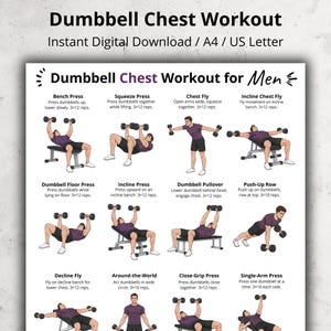 Puede incluir: Una descarga digital que presenta una rutina de entrenamiento de pecho con mancuernas. El póster incluye ilustraciones de ejercicios como press de banca y chest fly, con instrucciones. El texto dice "Dumbbell Chest Workout for Men".