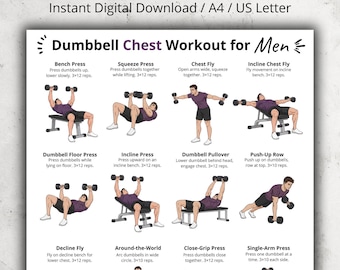 Dumbbell Chest Workout for Men Printable, Upper Body Exercise Poster, Illustrated Chest Workout Chart, Home Gym Wall Art, Digital Fitness