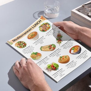 May include: A person holding a menu titled "Mediterranean Lunch" with illustrations of various dishes, including salad, soup, wraps, and grilled vegetables. A glass of water is visible in the background.