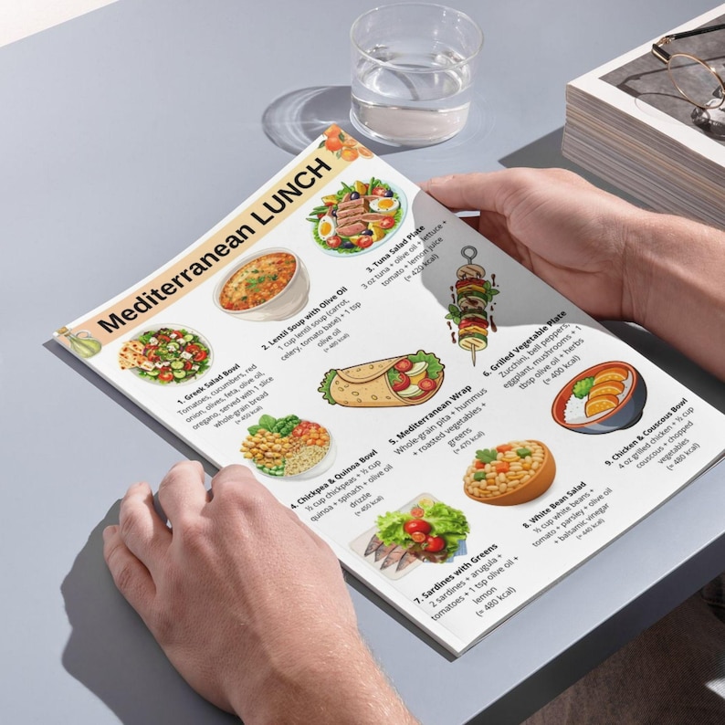 May include: A person holding a menu titled "Mediterranean Lunch" with illustrations of various dishes, including salad, soup, wraps, and grilled vegetables. A glass of water is visible in the background.