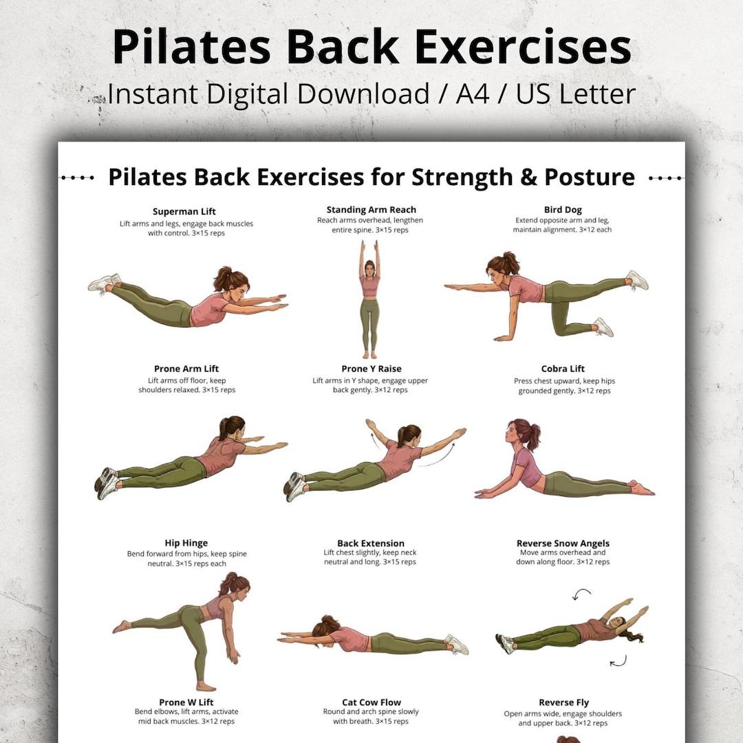 Pilates Back Exercises Printable PDF, Pilates Back Workout Routine ...