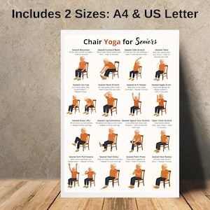 Puede incluir: Un p&oacute;ster blanco titulado "Yoga en silla para personas mayores" con ilustraciones de posturas de yoga. El p&oacute;ster incluye texto y diagramas que demuestran varios ejercicios de yoga sentado, como "Seated Mountain" y "Seated Twist".