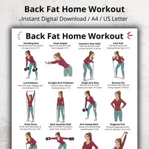 May include: A digital download titled "Back Fat Home Workout" with exercise illustrations. The exercises include Standing Row, Snow Angels, Isometric Row Hold, Face Pull, Lat Pulldown, Straight-Arm Pulldown, Single-Arm Row, and Reverse Fly.