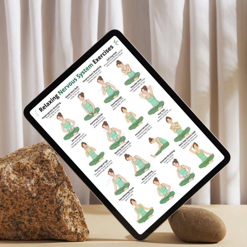 May include: A digital tablet displays a guide titled "Relaxing Nervous System Exercises." The guide features illustrations of yoga poses with instructions. The tablet is propped up on a rock, with a neutral background.