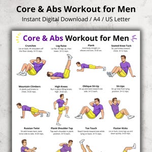 May include: A digital workout guide titled "Core & Abs Workout for Men" with illustrated exercises. The guide includes crunches, leg raises, planks, and other core-strengthening exercises. The exercises are demonstrated with illustrations.