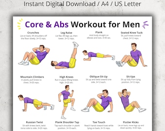 Póster imprimible con rutina de abdominales y core para hombres, tabla de ejercicios abdominales en PDF, decoración para la pared del gimnasio en casa, póster imprimible con ejercicios de core para hombres (descarga gratuita).