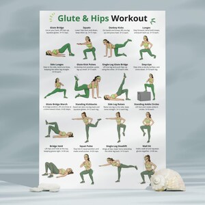May include: A poster titled "Glute & Hips Workout" displays illustrated exercises. The exercises include Glute Bridge, Squats, Donkey Kicks, Lunges, Side Lunges, Glute Kick Pulses, Single-Leg Glute Bridge, Step-Ups, Glute Bridge March, Standing Kickbacks, Side Leg Raises, Standing Ankle Circles, Bridge Hold, Squat Pulse, Single-Leg Deadlift, and Wall Sit.