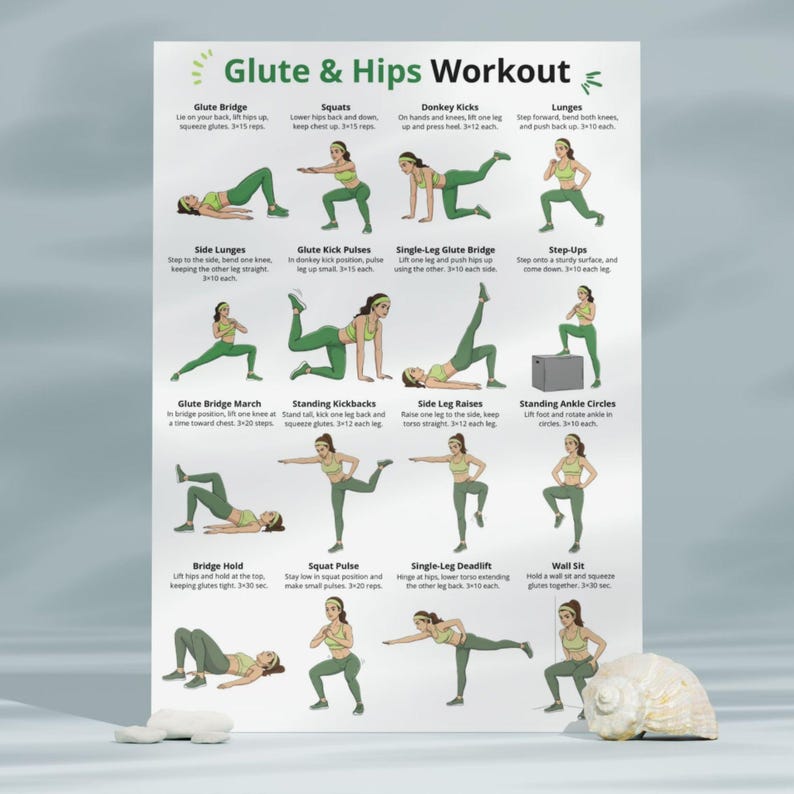 May include: A poster titled "Glute & Hips Workout" displays illustrated exercises. The exercises include Glute Bridge, Squats, Donkey Kicks, Lunges, Side Lunges, Glute Kick Pulses, Single-Leg Glute Bridge, Step-Ups, Glute Bridge March, Standing Kickbacks, Side Leg Raises, Standing Ankle Circles, Bridge Hold, Squat Pulse, Single-Leg Deadlift, and Wall Sit.