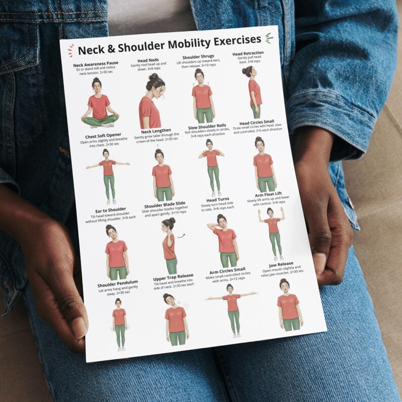 Nack- och axelövningar, mobilitetsövningsaffisch i PDF-format, sittande och stående stretchövningar, hållningsövningar att skriva ut, träning utan utrustning bild 14